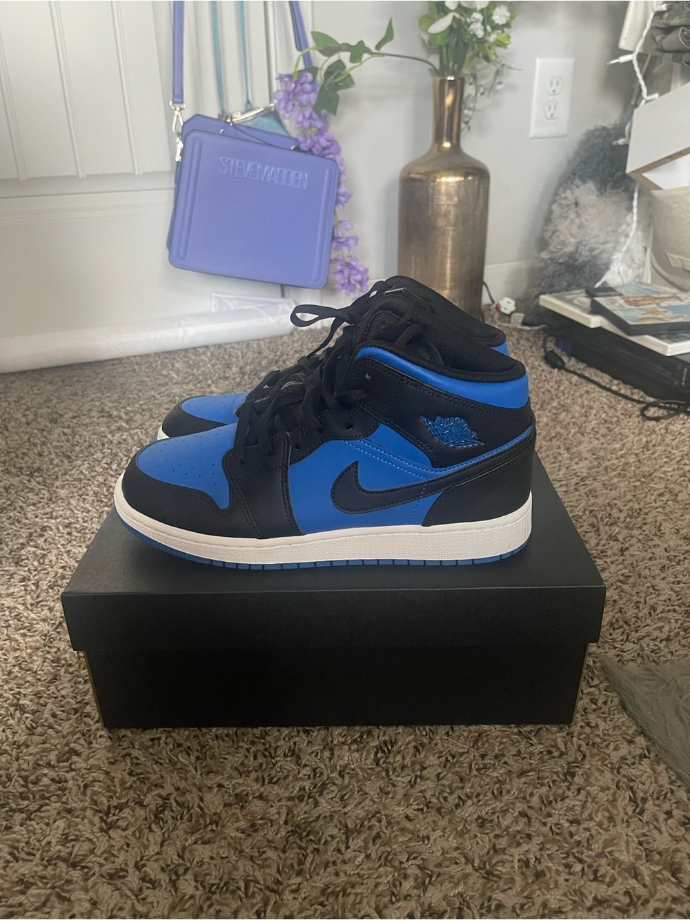Air Jordan 1 Mid GS Big Kids Black & Blue Mid-Top Sneakers